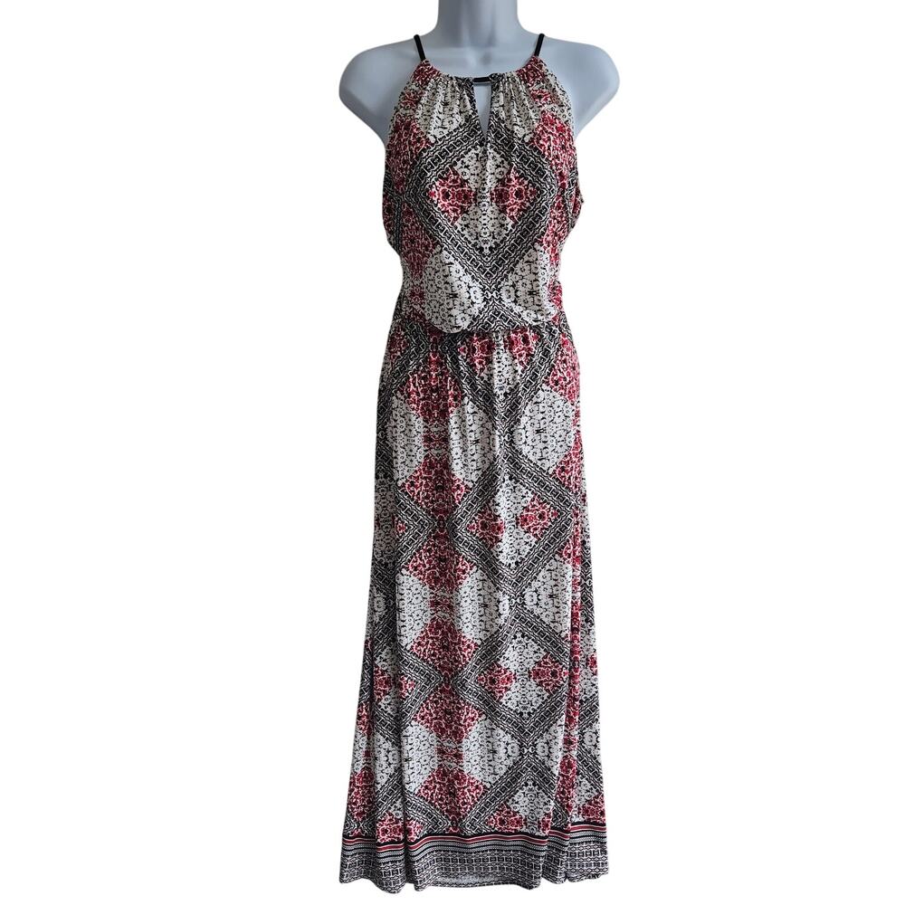 London Times Size 8 Floral Halter Keyhole Maxi Dress Red Black White